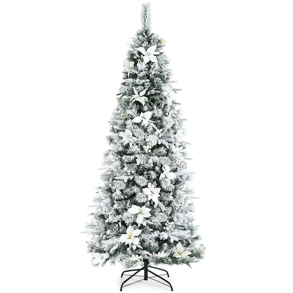 Costway 7 ft. Snow Flocked Pencil Artificial Christmas Tree with Berries and Poinsettia Flowers