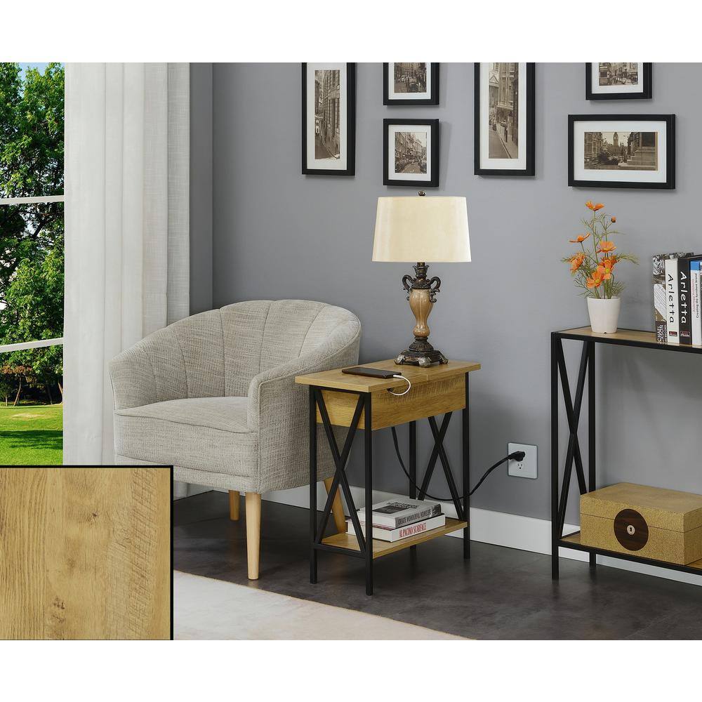 English Oak and Black Rectangular Wood Metal End Table with Storage