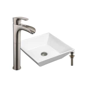 16-1/2 in. x 16-1/2- in White Square Bathroom Ceramic Vessel Sink with Waterfall Faucet in Brushed Nickel and Drain