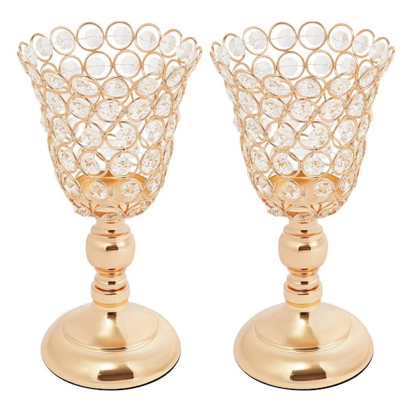YIYIBYUS 10 in. Gold Iron Crystal Decor Trumpet Shape Decorative Vases Party Event Birthday Wedding Decoration Vases (Set of 2)