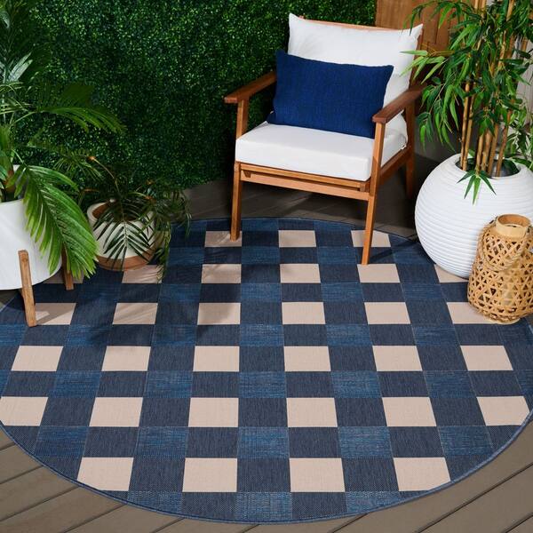 Courtyard 7 x 7 Blue/Beige Check Round Rug