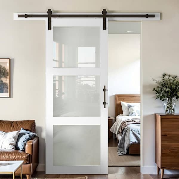 32 in. x 96 in. 3 Lite Frosted Glass White Finished MDF Sliding Barn Door with Hardware Kit