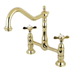 Essex 2-Handle Bridge Kitchen Faucet with Cross Handle in Polished Brass
