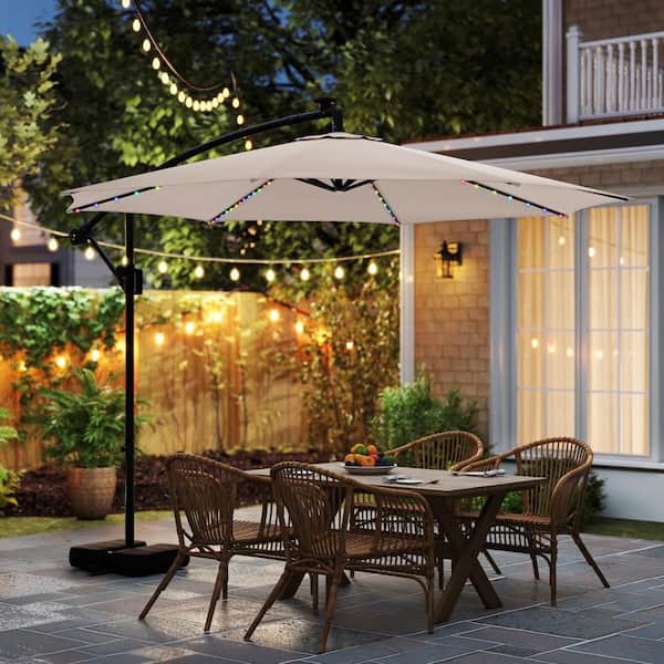 10 ft. Solar Offset Hanging Tilt Cantilever Patio Umbrella with Base in Beige