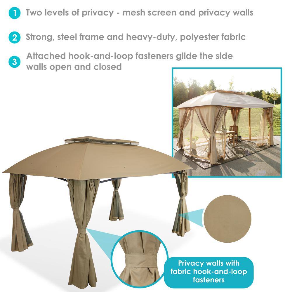 Tan Soft-Top Patio Gazebo with Screens and Privacy Walls