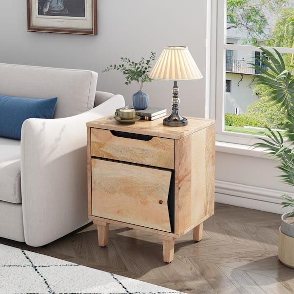 Harper & Bright Designs Natural 1-Drawer 18 in. W Solid Wood Nightstand with A Square Cabinet