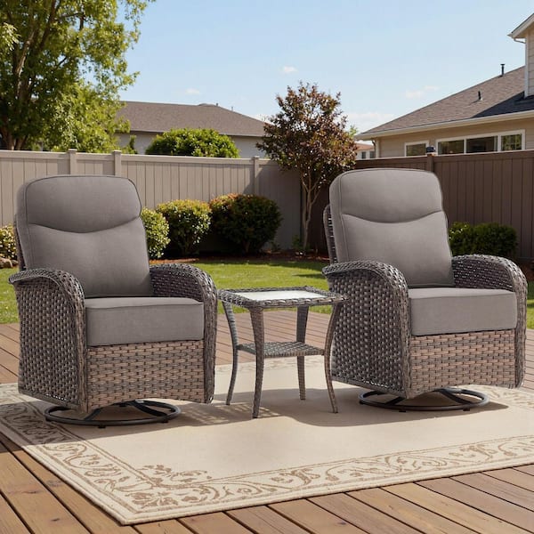 High Crescent 3-Piece Brown Wicker Patio Conversation Set with Gray Cushions