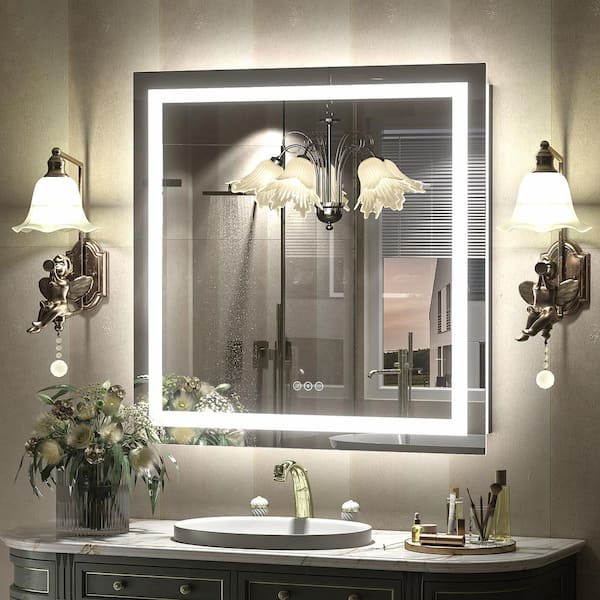 Apmir 32 in. W x 32 in. H Square Frameless Front and Back LED Lighted Anti-Fog Tempered Glass Wall Bathroom Vanity Mirror