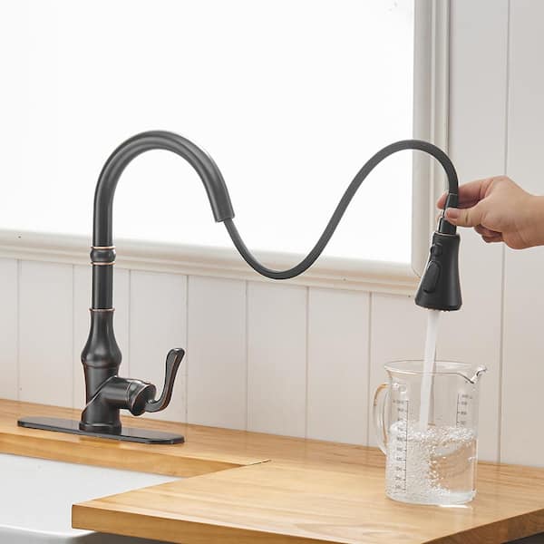 Bwe Single Handle Pull Down Sprayer 3 Spray High Arc Kitchen Faucet With Deck Plate In Oil Rubbed Bronze