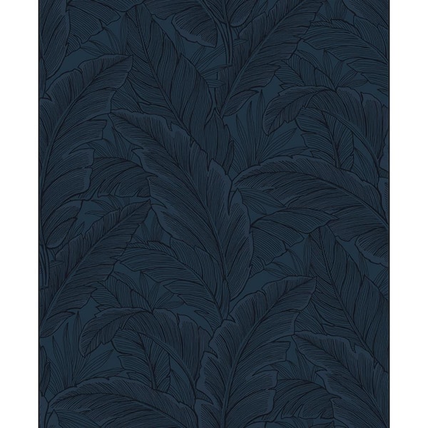 Seabrook Designs 57.5 sq. ft. Navy Blue Gulf Tropical Leaves Unpasted Nonwoven Paper Wallpaper Roll