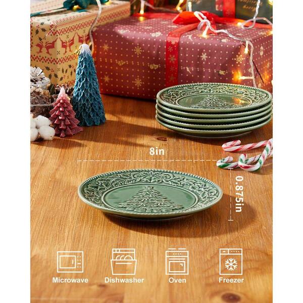 JFVKAF 6-Piece Christmas Tree Embossed Green Ceramic Salad Plate