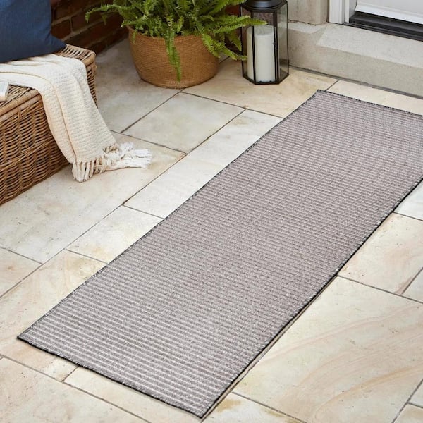 JONATHAN Y Aarhus High-Low Minimalist Scandi Striped Gray/Ivory 2 ft. x 8 ft. Indoor/Outdoor Runner Rug