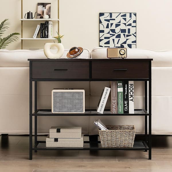 39.5 in. Walnut Rectangle Wood Console Table Entryway Sofa Table with 2-Drawers for Entrance Living Room