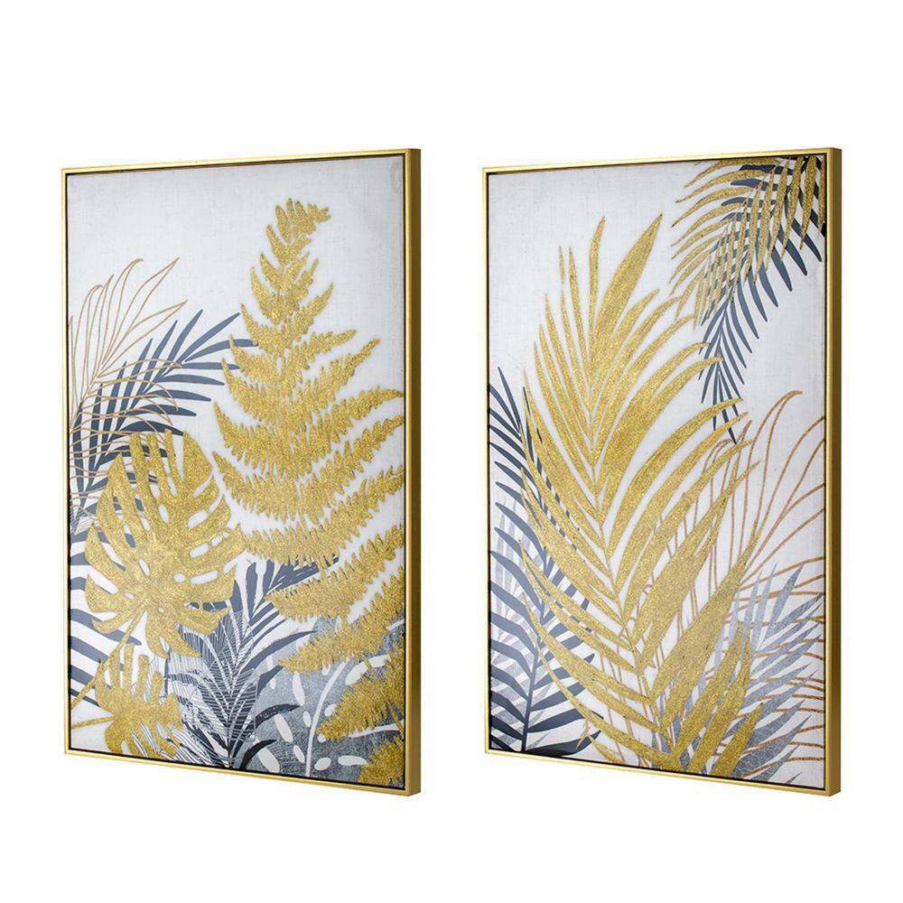 Gold and Black Framed Palm Leaf Canvas Wall Art Set