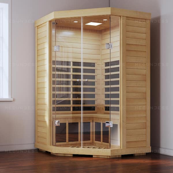 MEDUNJESS 2-Person Hemlock Indoor Corner Infrared Sauna with 7-Carbon Far Infrared Heaters and Transparent Glass Doors