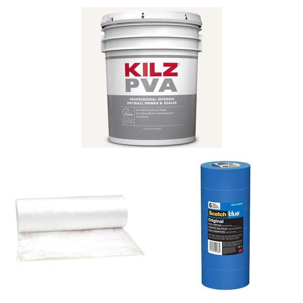 PVA 5 Gal. White Drywall Primer, 12 ft. x 400 ft. Plastic Sheeting, and 1.88 in. x 60 yds. Painter's Tape (6-Pack)
