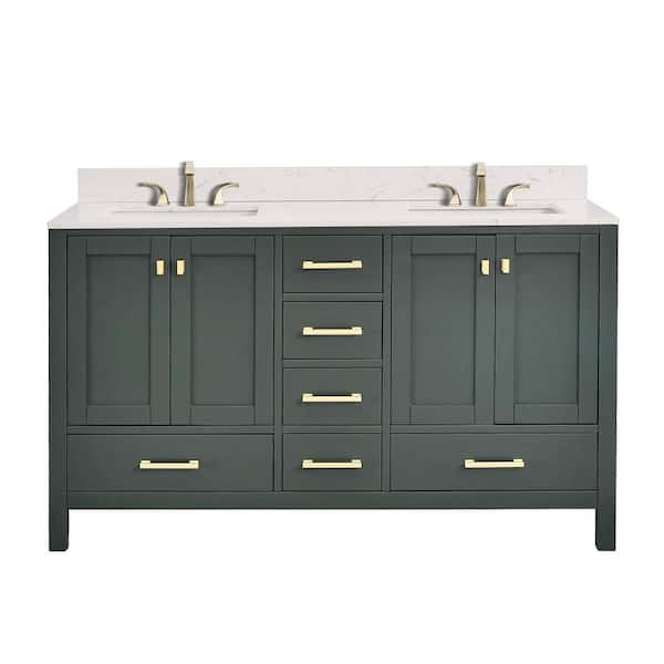 Bath Mist 60 in. W. Double Sink Freestanding Bath Vanity in Green with White Engineered Top