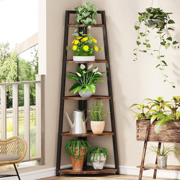 Eulas 70 in. Tall Rustic Brown MDF 5-Shelf Corner Ladder Bookcase with Metal Frame for Living Room, Kitchen, Home Office