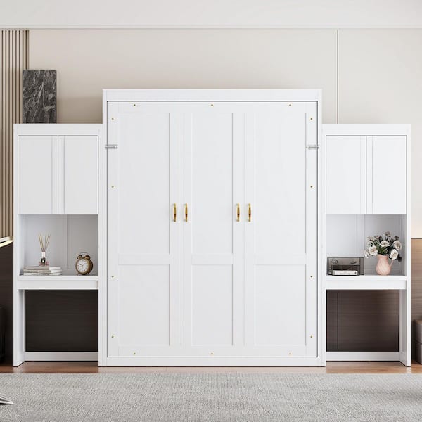 White Wood Frame Queen Size Murphy Bed with Flip-Up Vanity with a Mirror, Storage Cabinets, Built-in Desk
