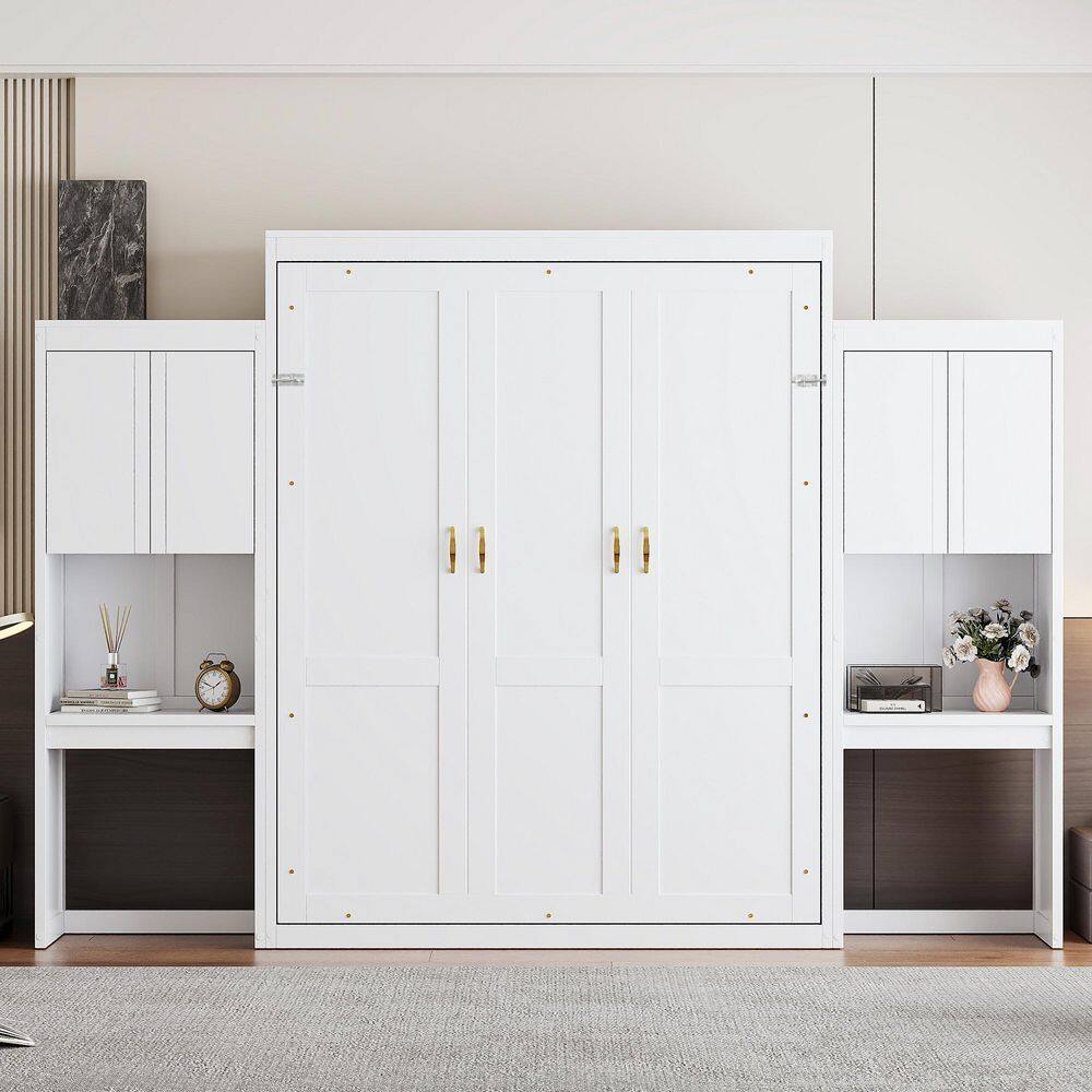 White Wood Frame Queen Size Murphy Bed with Flip-Up Vanity with a Mirror, Storage Cabinets, Built-in Desk