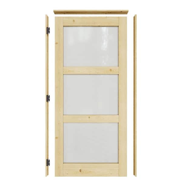 ARK DESIGN 36 in. x 80 in. 3-Lite Frosted Glass Right Solid Core Pine Wood Single Interior Door with Quick Assemble Jamb