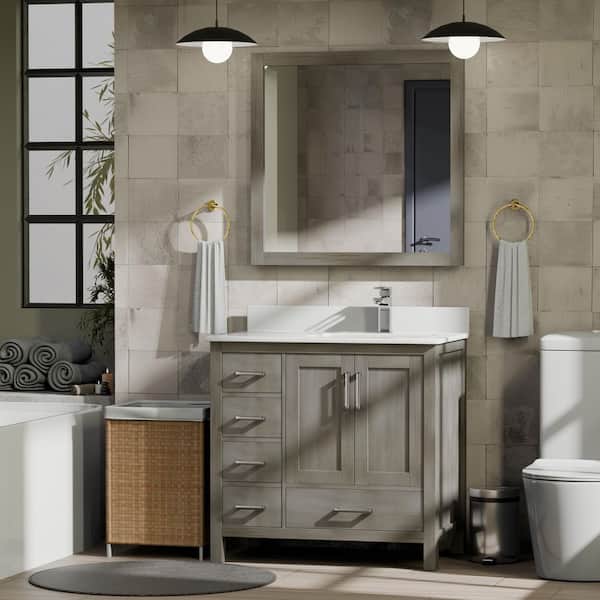 Lexora Jacques 36 in. W x 22 in. D Right Offset Distressed Grey Bath Vanity, Cultured Marble Top, and Faucet Set