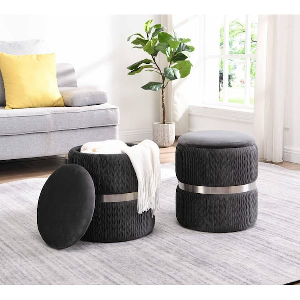 TECHNI MOBILI Modern Velvet Round Ottoman with Storage, Grey