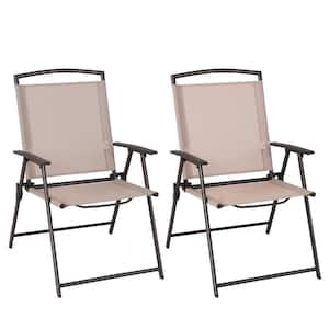 2-Piece Folding Steel Outdoor Dining Chair with Armrests and Rustproof Steel Frame in Beige