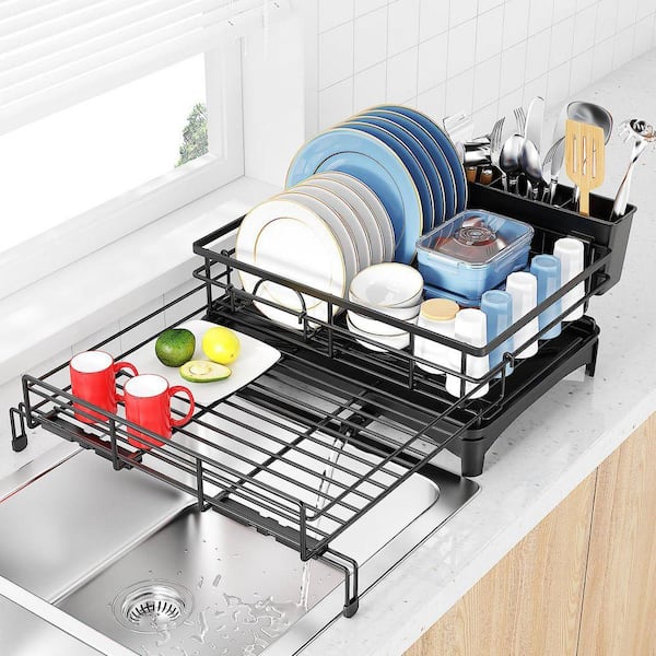 Black Expandable Dish Rack with Cutlery Holder, Large Capacity Over The Sink Drying Rack for Kitchen Counter