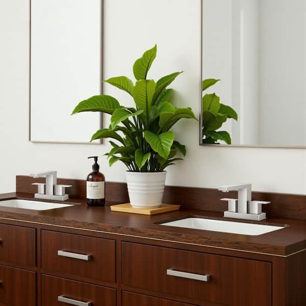 4 in. Centerset Double Handle Low Arc Bathroom Faucet with Pop-up Drain Kit included in Brushed Nickel