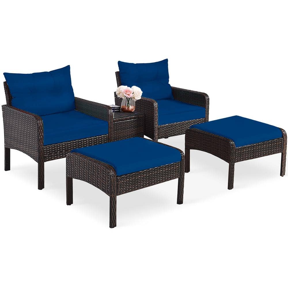5-Piece Wicker Outdoor Patio Set Sectional Rattan Wicker Furniture Set with Navy Cushion