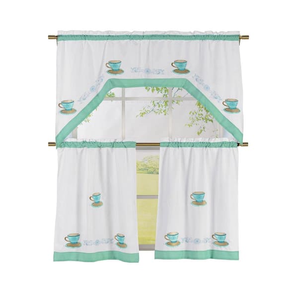 Window Elements Semi-Opaque Tea Time Embroidered 3-Piece Kitchen Curtain Tier and Valance Set