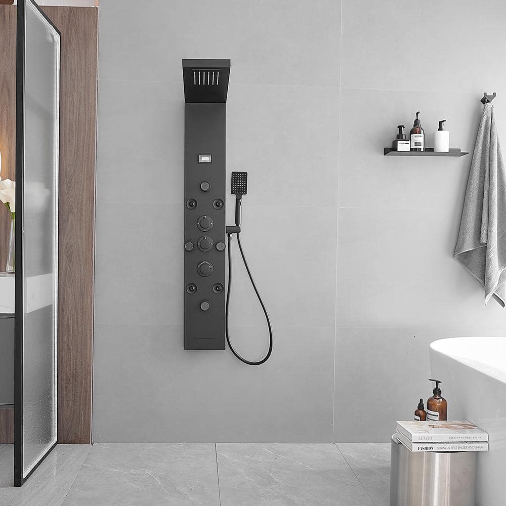 Black Stainless Steel 51.57'' Shower Panel with Rainfall and Waterfall Shower Heads