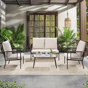 4-Piece Wicker Patio Deep Seating Set with Beige Cushions