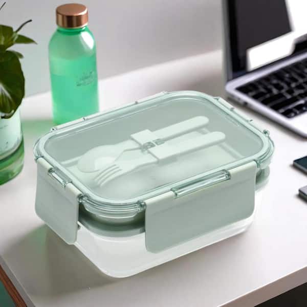 LEXI HOME 58.5 oz. Premium 4-in-1 Double-Layer Glass Bento Lunch Box With Utensils in Sage Green 4-Pack