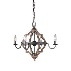Socorro 4-Light Weathered Gray and Distressed Oak Quatrefoil Rustic Chandelier with Dimmable Candelabra LED Bulbs