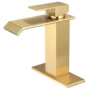Waterfall Single Hole Single-Handle Low-Arc Bathroom Faucet With Supply Line in Brushed Gold