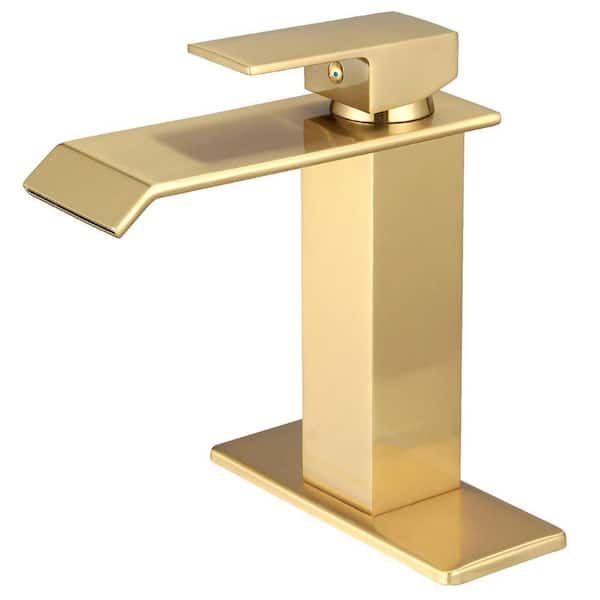 BWE Waterfall Single Hole Single-Handle Low-Arc Bathroom Faucet With Supply Line in Brushed Gold