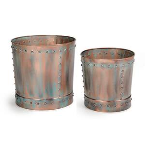 Unique Large Riveted Verdigris Planter Set of 2 for Outdoor or Indoor Use, Garden, Deck, and Patio