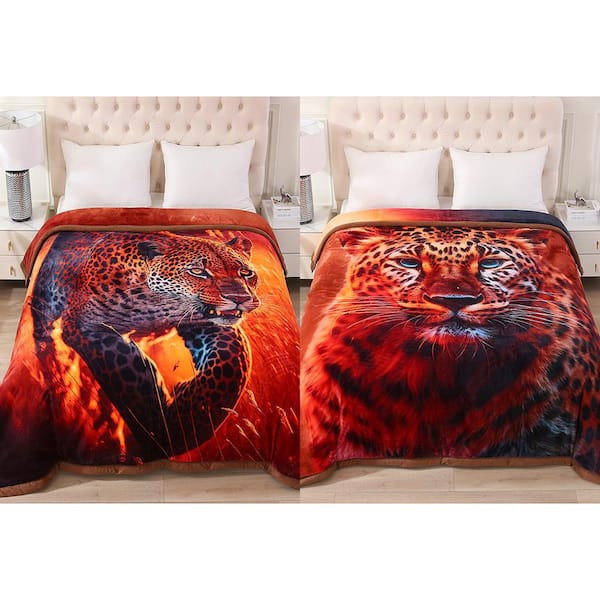 Leopard 3-Ply Reversible Polyester Fleece Blanket for Winter 85 in. x 93 in. 8 lbs.