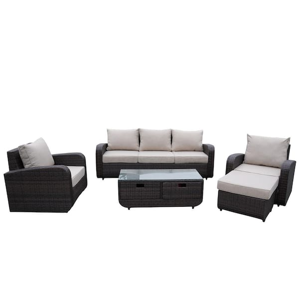 moda furnishings Penny 5-Piece Wicker Patio Conversation Set with Beige Cushions