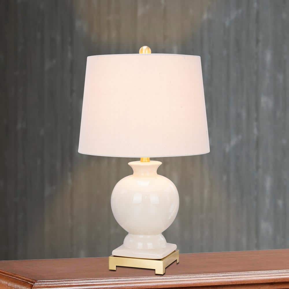 Eggshell Ceramic and Satin Brass Table Lamp with Faux Silk Shade