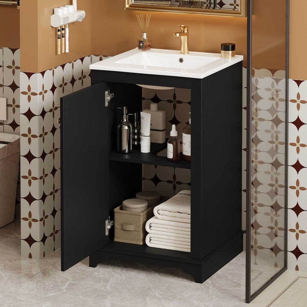 20 in. Single Sink Freestanding Black Bath Vanity with White Ceramic Sink Top, Storage Cabinet with Soft Close Doors price history on PriceWatchPro