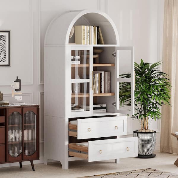 Farmhouse White 71.2 in. Tall Arched Kitchen Pantry Cabinet, Cupboard with Glass Door, 2-Drawers and Adjustable Shelves