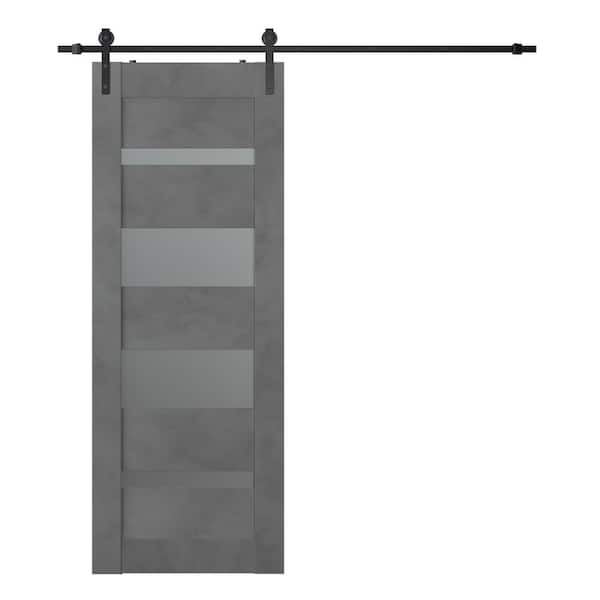 ProPlus Vona 36 in. x 80 in. 4-Lite Frosted Glass Dark Urban Composite Core Wood Sliding Barn Door with Hardware Kit