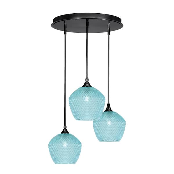 Unbranded Villa 20.25 in. 3-Light Matte Black Cluster Pendant Light with 9 in. Turquiose Textured Glass Shades, no bulbs included