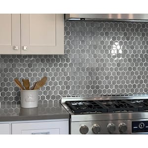 Gray 11.8 in. x 11.8 in. Hexagon Polished Glass Mosaic Tile (4.83 sq. ft./Case)