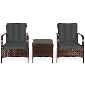 3-Piece PE Wicker Steel High Back Outdoor Sofa Set Patio Conversation Set with Gray Cushions and Coffee Table