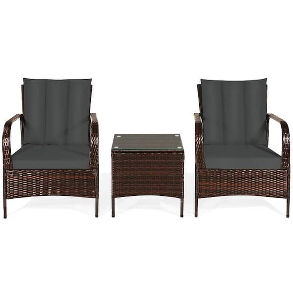 FORCLOVER 3-Piece Wicker Patio Conversation Set with Gray Cushions and Glass-Top Table