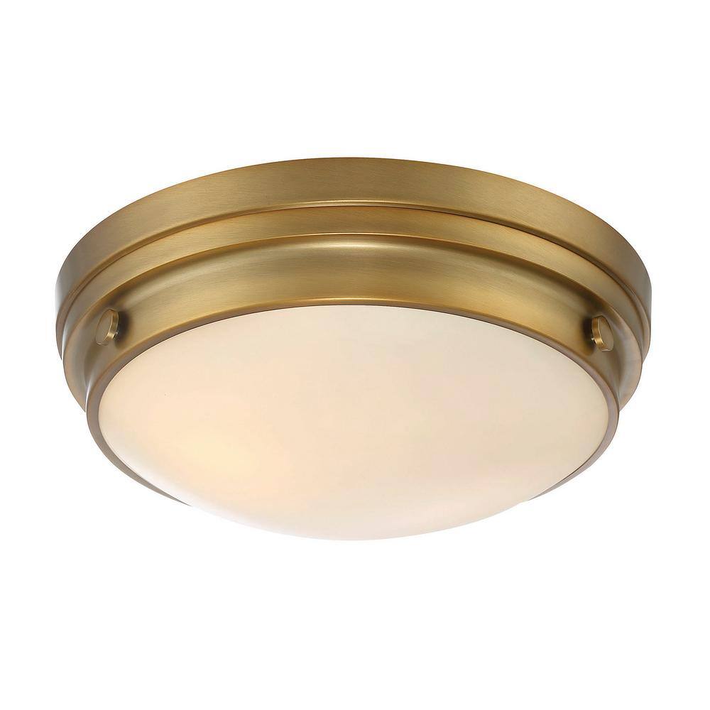 Warm Brass and White Glass 2-Light Flush Ceiling Light